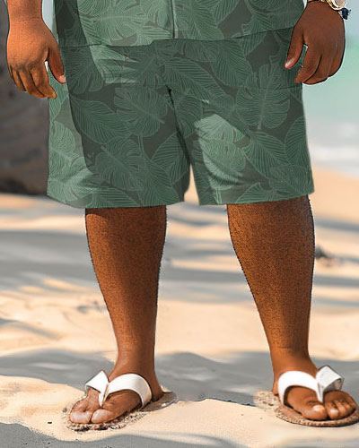 Men's Plus Size Hawaiian Leaf Textured Print Shirt Shorts Suit