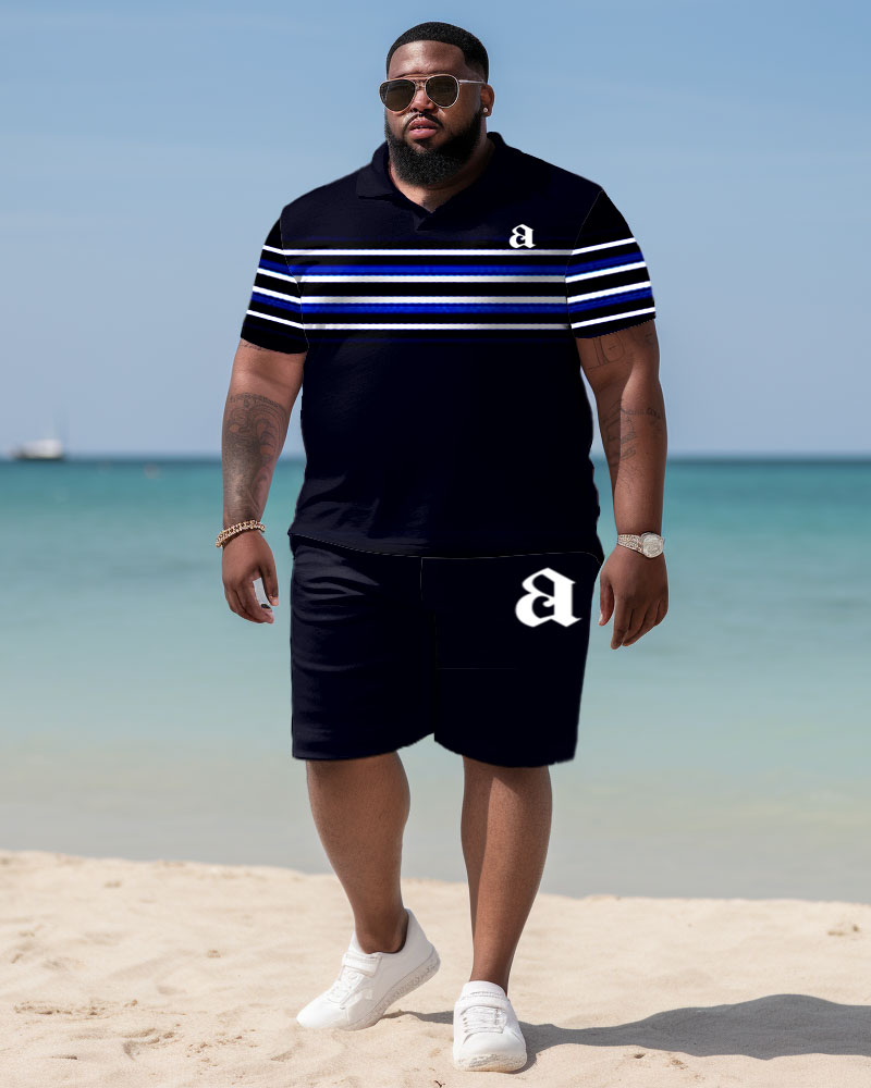 Men's Plus Size Striped Print Short Sleeve Pol Shirt Shorts Suit