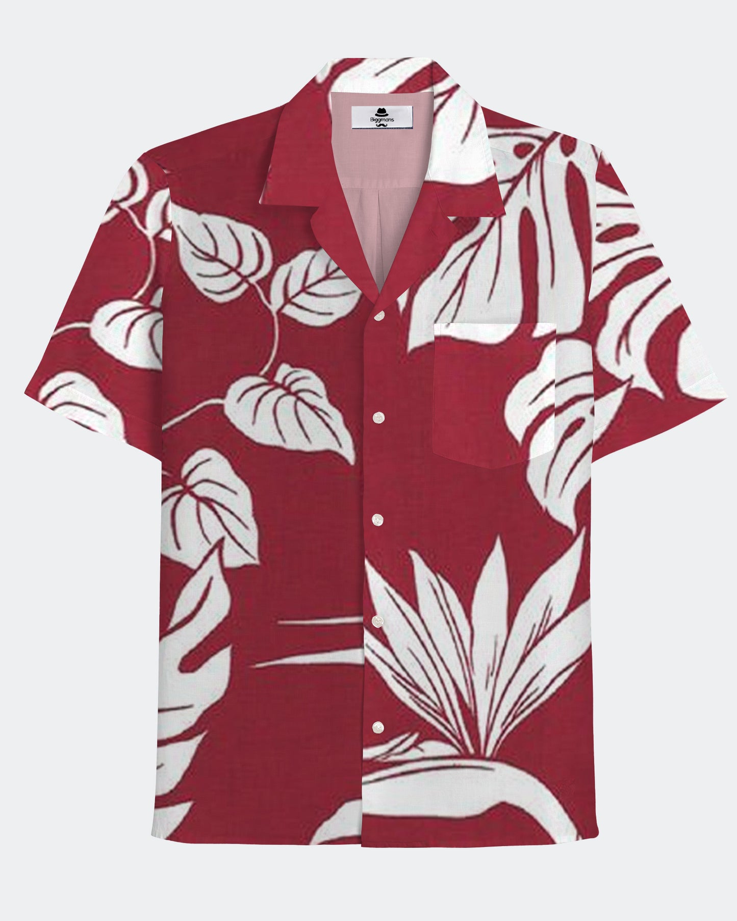 Hawaiian Casual Red Large Floral Printed Fabric Men's Plus Size Cuban Collar Short Sleeve Shirt