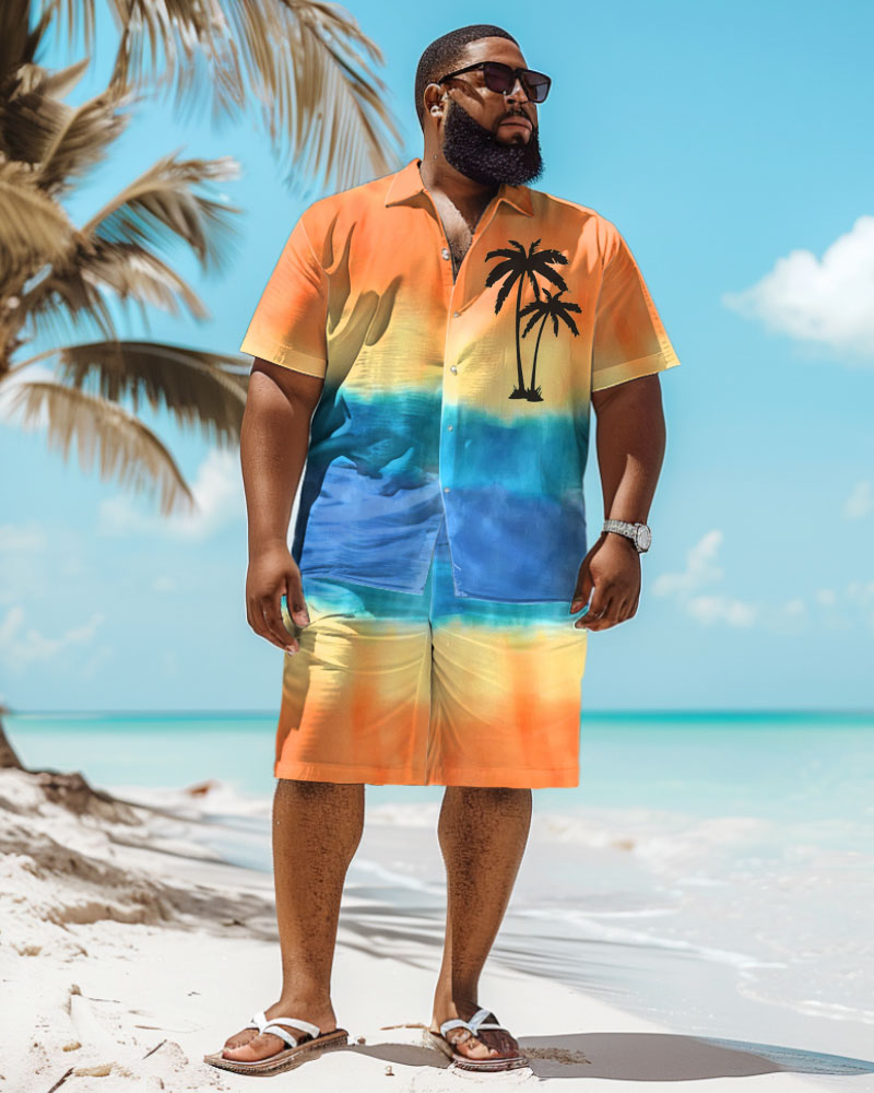 Men's Plus Size Hawaiian Gradient Coconut Tree Print Shirt Shorts Set