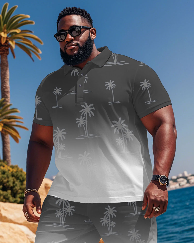 Hawaii Holiday High-end Gradient Jacquard Printed Short-sleeved Polo Shorts Suit Men's Plus Size