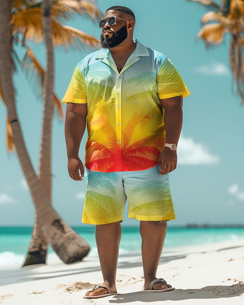 Men's Plus Size Hawaiian Gradient Coconut Tree Print Shirt Shorts Suit