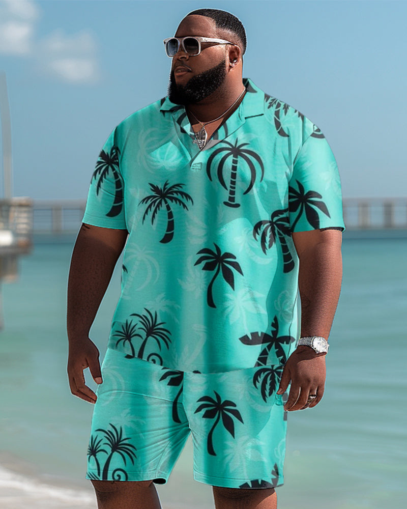 Hawaiian Coconut Leaf Pattern Colorblock Shorts Men's Plus Size Set