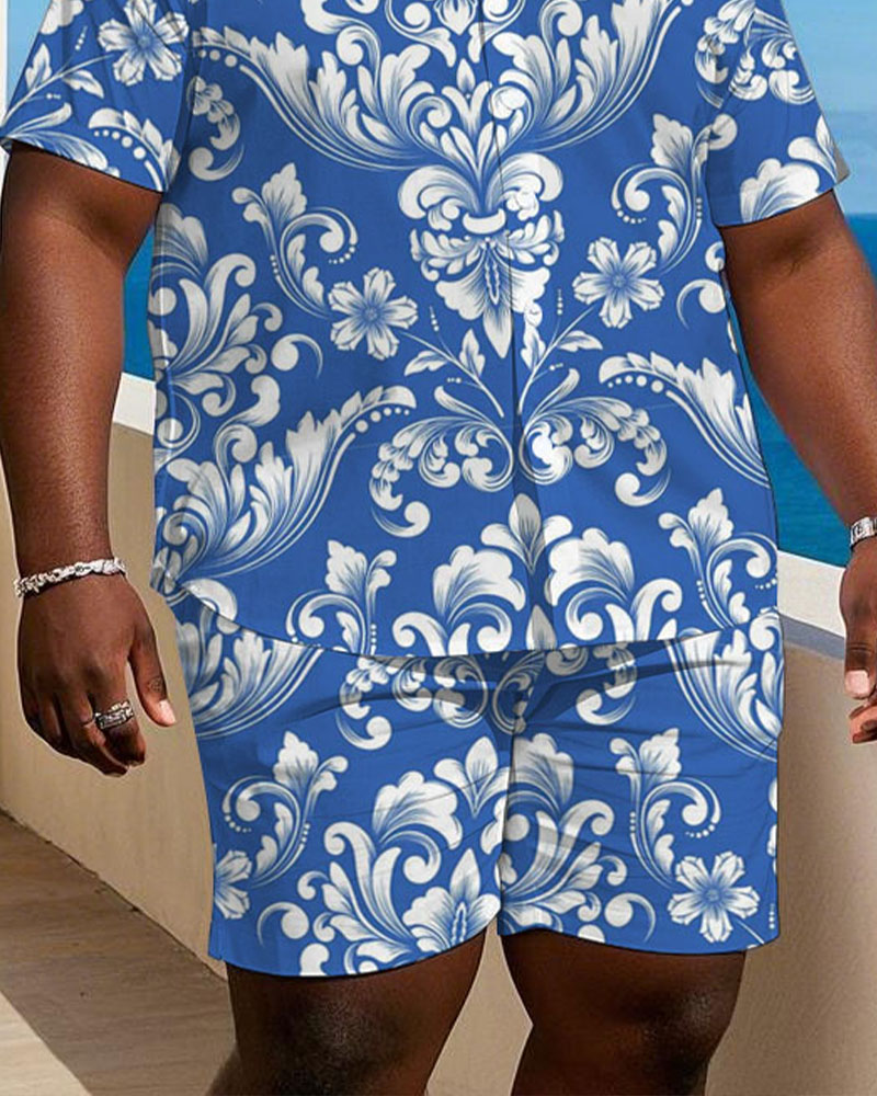 Casual Retro Palace Pattern Print Cuban Nair Short Sleeve Shirt Shorts Suit Men's Plus Size