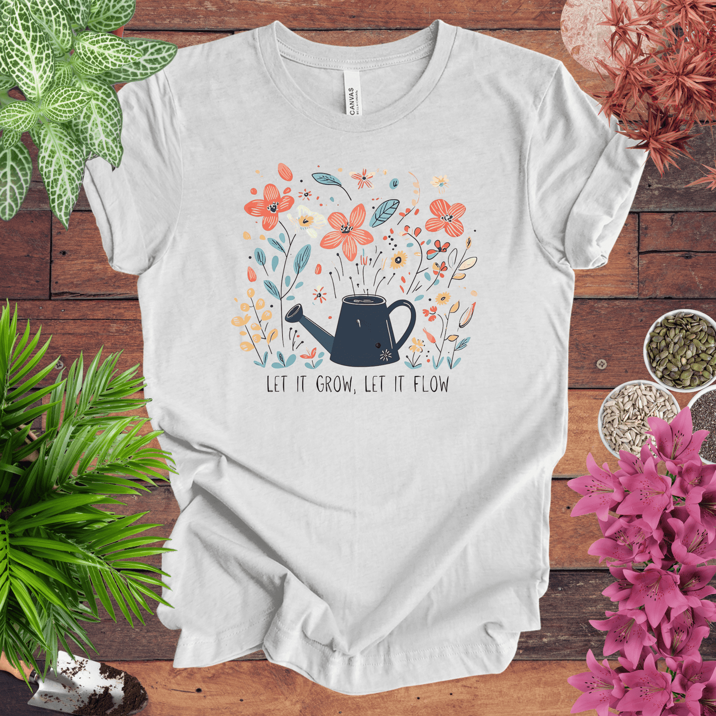 Whimsical Watering Can and Flowers T-Shirt