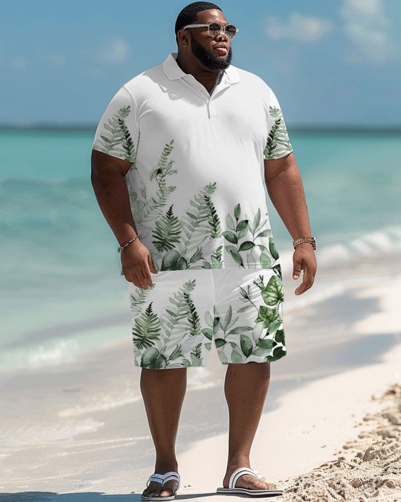 Men's Plus Size Hawaiian Tropical Leaf Print Polo Shorts Suit