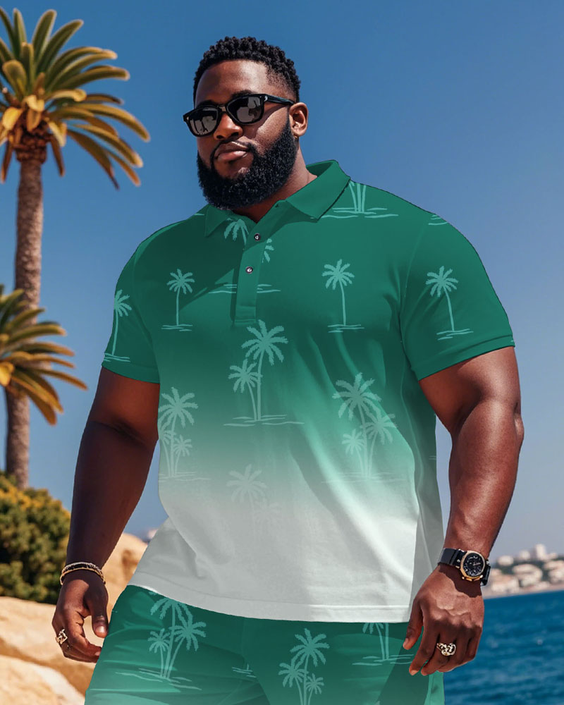 Hawaii Holiday High-end Gradient Jacquard Printed Short-sleeved Polo Shorts Suit Men's Plus Size