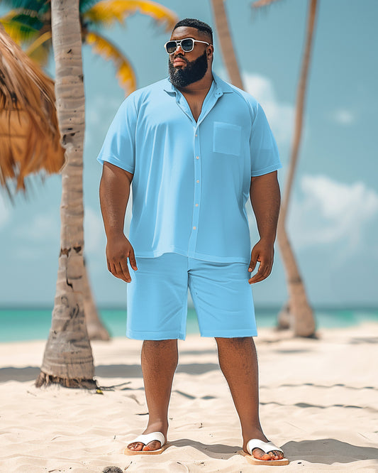 Men's Plus Size Simple Solid Color Blue Shirt Shorts Set