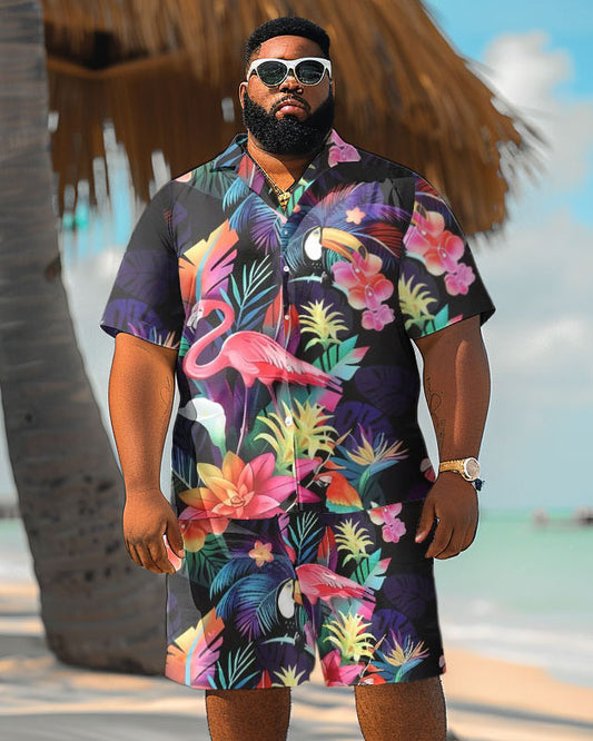 Men's Plus Size Hawaiian Flamingo Print Shirt Shorts Suit