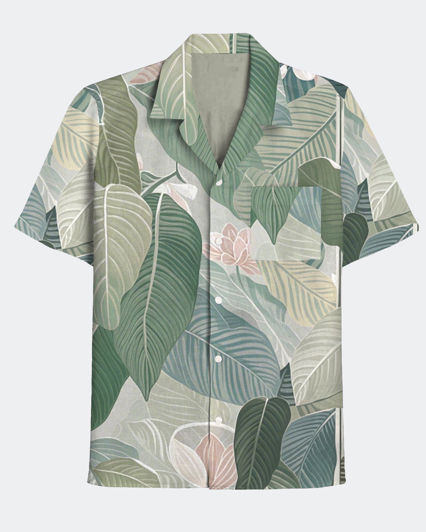 Men's Retro Hawaiian Palm Leaf Plant Print Cuban Collar Short Sleeve Shirt