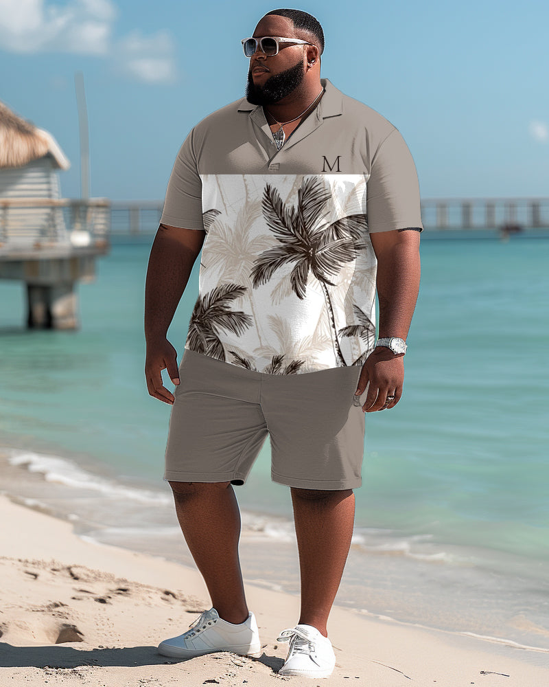 Men's Plus Size Hawaiian Tropical Floral Print Patchwork Polo Shirt Shorts Suit