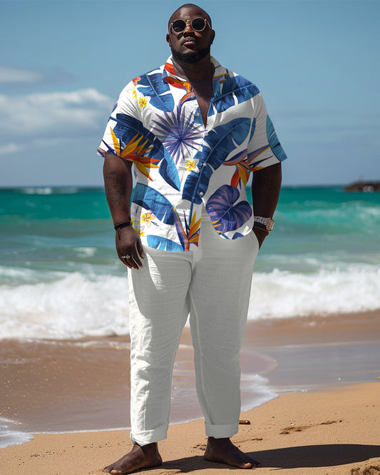 Men's Plus Size Hawaiian Vacation Style Plant Pattern Printed Short Sleeve Shirt Trousers Suit