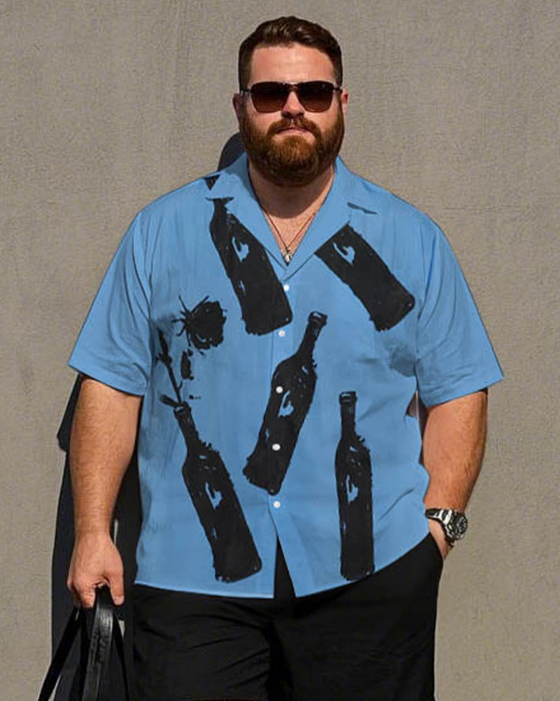 Men's Plus Size Blue Beer Bottle Black Monochrome Print Short Sleeve Shirt Shorts Suit