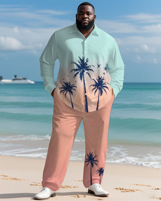 Men's Plus Size Hawaiian Orange Coconut Tree Gradient Print Long Sleeve Shirt Trousers Suit