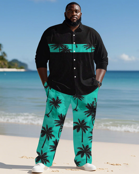 Men's Plus Size Hawaiian Green Patchwork Coconut Tree Print Long Sleeve Shirt Trousers Suit