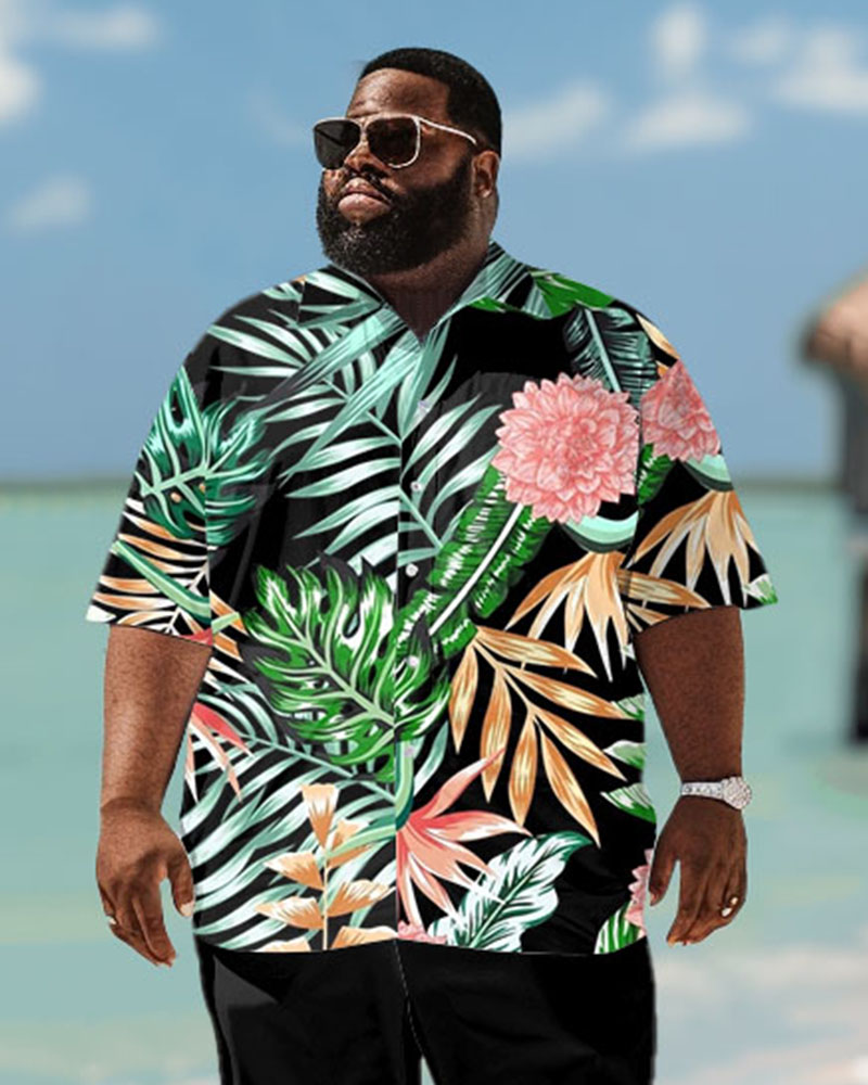 Men's Plus Size Hawaiian Coconut Floral Print Short Sleeve Shirt Trousers Suit