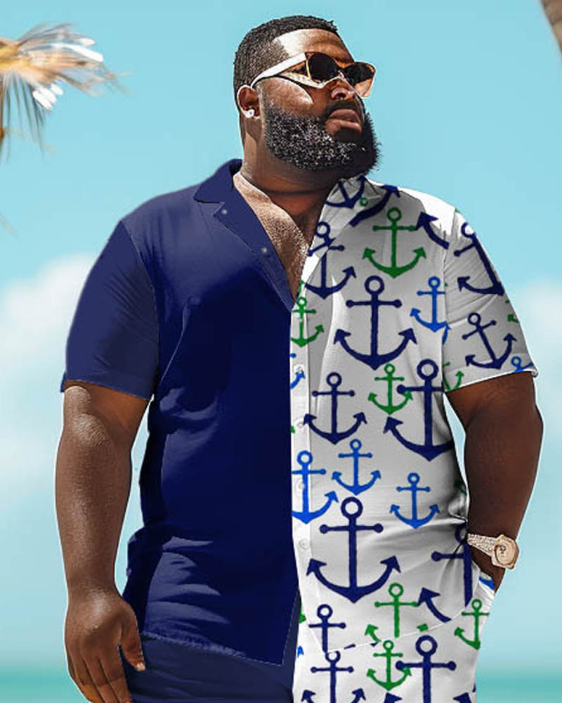 Men's Plus Size Casual Barb Print Short Sleeve Shirt Shorts Suit