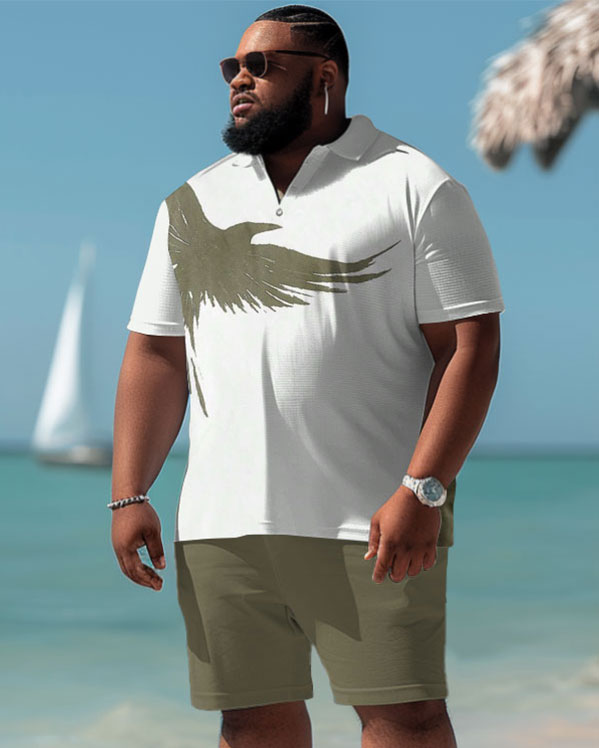 Men's Plus Size Casual Simple Bird Print Polo Shorts Suit