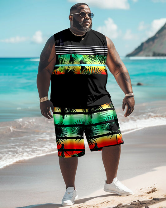 Men's Plus Size Hawaiian Color Contrast Gradient Floral Print Tank Shorts Set