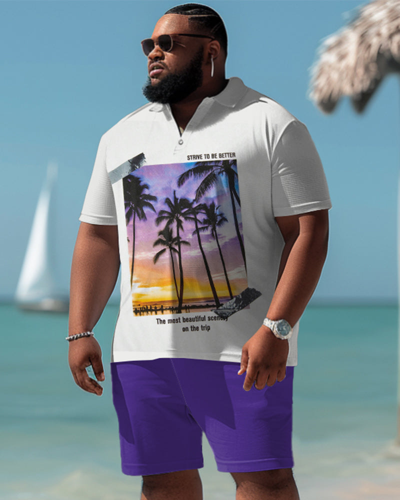 Hawaiian Gradient Coconut Tree Pattern Colorblock Shorts Men's Plus Size Set