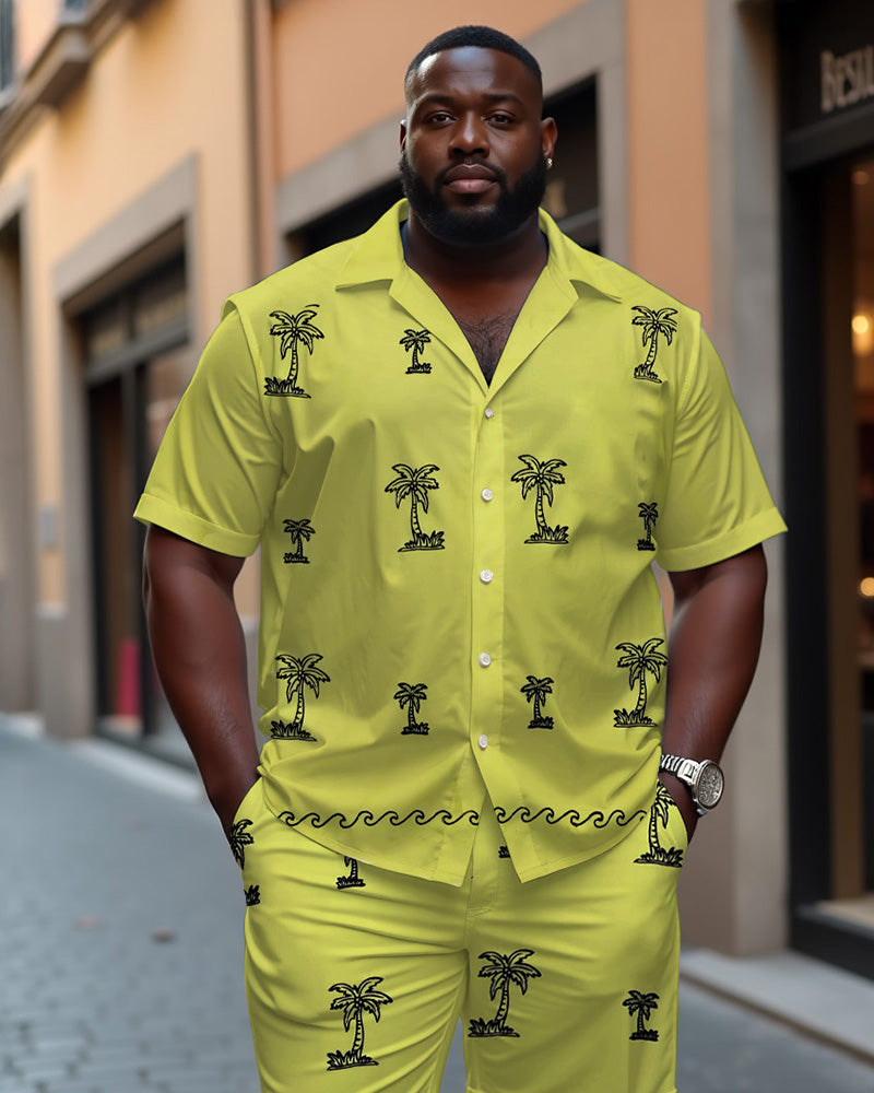 Men's Plus Size Hawaiian Fluorescent Yellow Coconut Casual Cuban Nocket Short Sleeve Shirt Shorts Suit