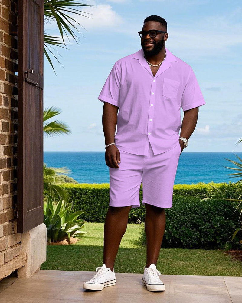 Solid Pink Cuban Nose Short Sleeve Shirt Shorts Suit Men's Plus Size