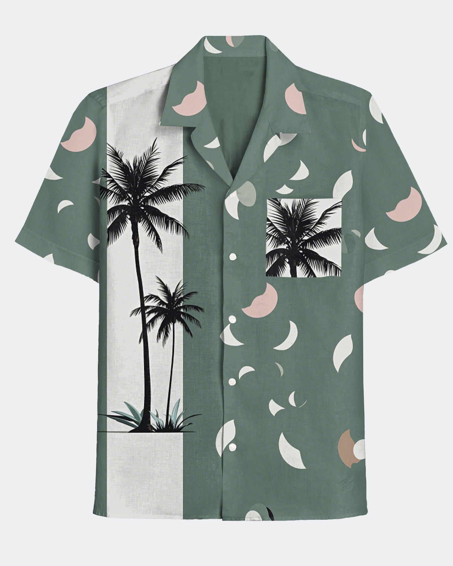 Men's Hawaiian Coconut Tree Print Color Block Cuban Collar Short Sleeve Shirt