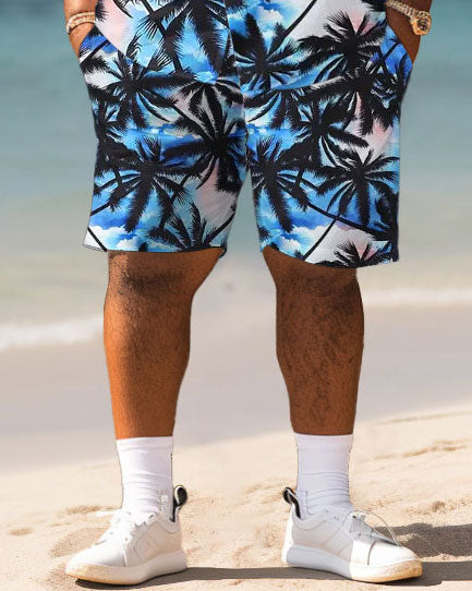 Men's Plus Size Hawaiian Blue Gradient Coconut Tree Print Shirt Shorts Suit