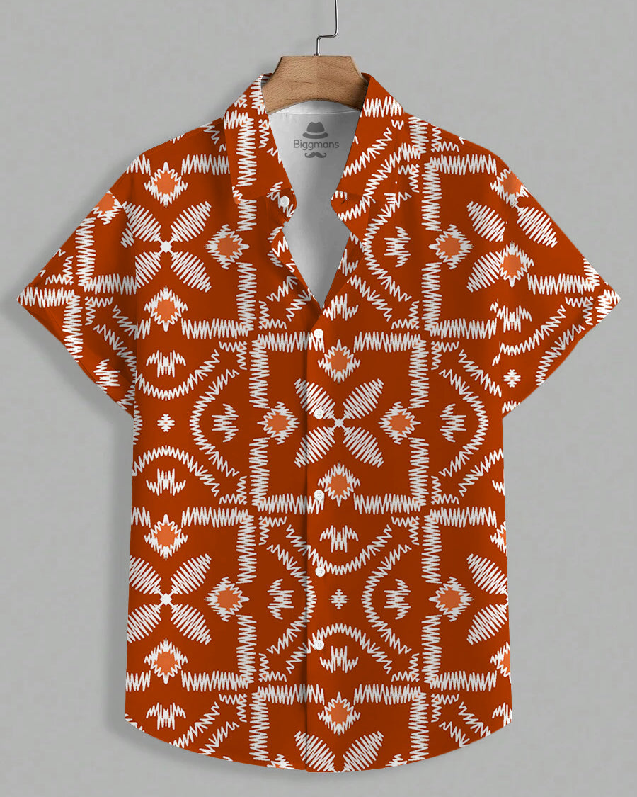 Men's Plus Size Hawaiian Orange Embroidered Textured Traditional Art Print Short Sleeve Shirt