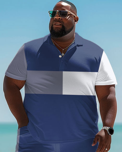 Men's Plus Size Simple Contrast Blue Stripe Print Polo Shorts Suit