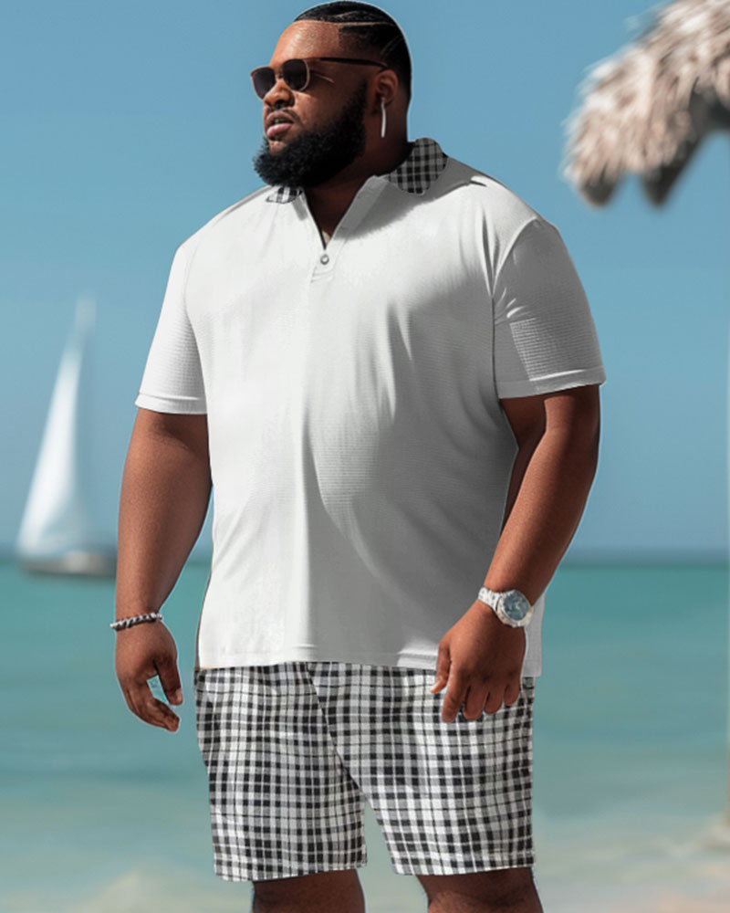 Men's Plus Size Casual Simple Plaid Polo Shorts Suit