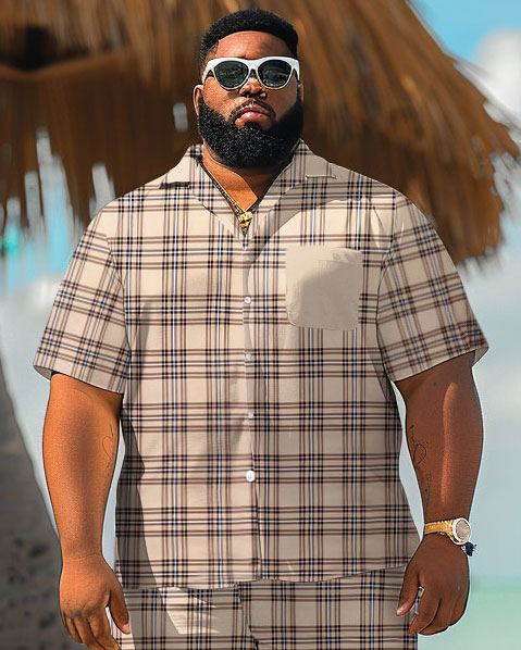 Men's Plus Size Simple Hawaiian Check Print Shirt Shorts Suit