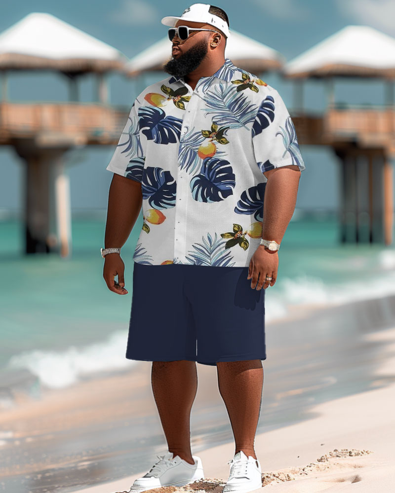 Men's Plus Size Hawaiian Tropical Leaf Print Short Sleeve Shirt Shorts Suit