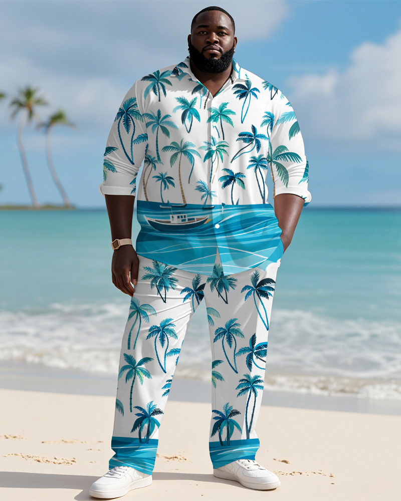 Men's Plus Size Hawaiian Coconut Blue Gradient Print Long Sleeve Shirt Trousers Suit