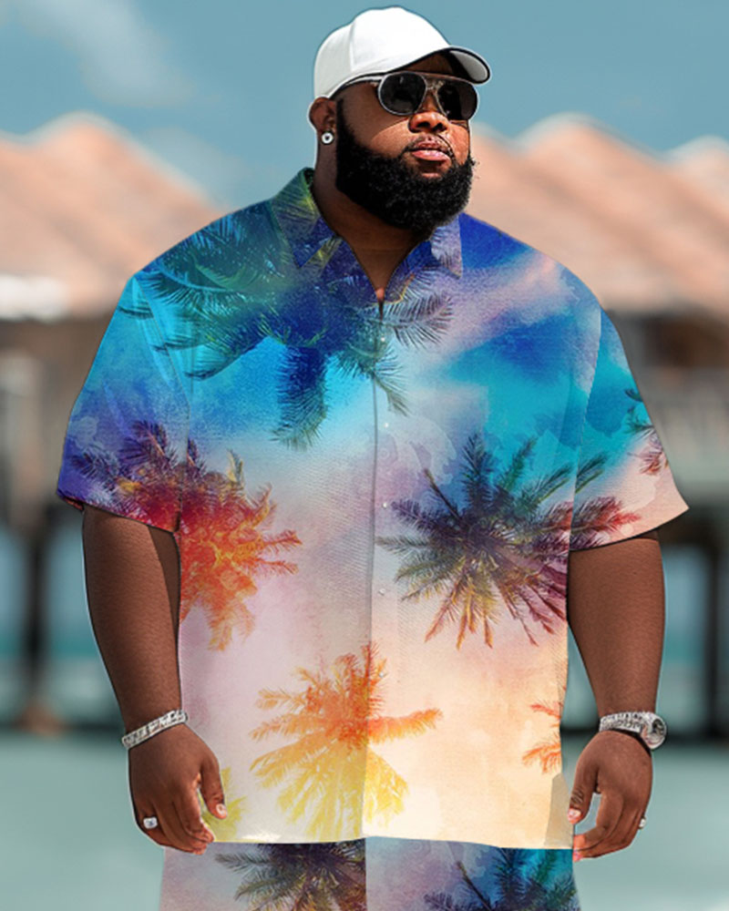 Men's Plus Size Hawaiian Gradient Coconut Tree Print Short Sleeve Shirt Shorts Suit