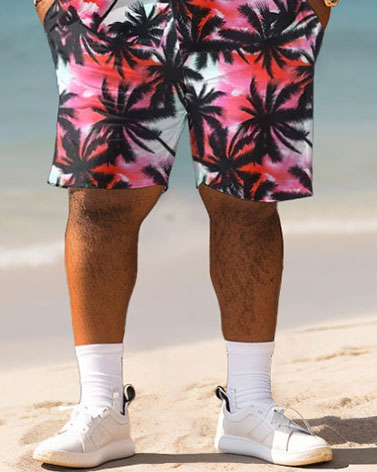 Men's Plus Size Hawaiian Coconut Tree Gradient Print Shirt Shorts Suit