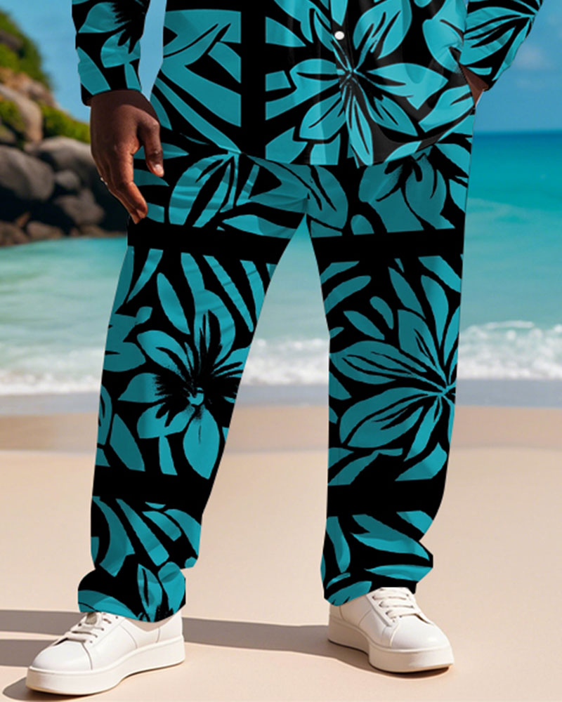 Men's Plus Size Hawaiian Palm Leaf Hysberry Flower Blue Print Long Sleeve Shirt Trousers Suit