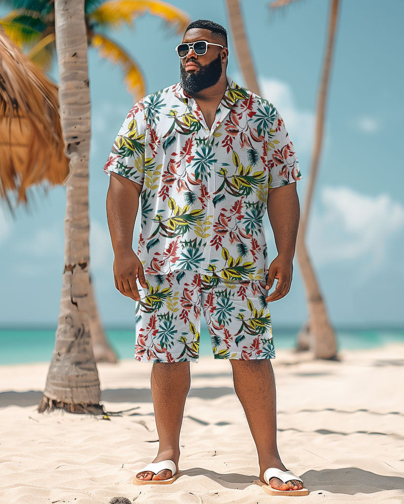 Men's Plus Size Hawaiian Plant Print Shirt Shorts Suit