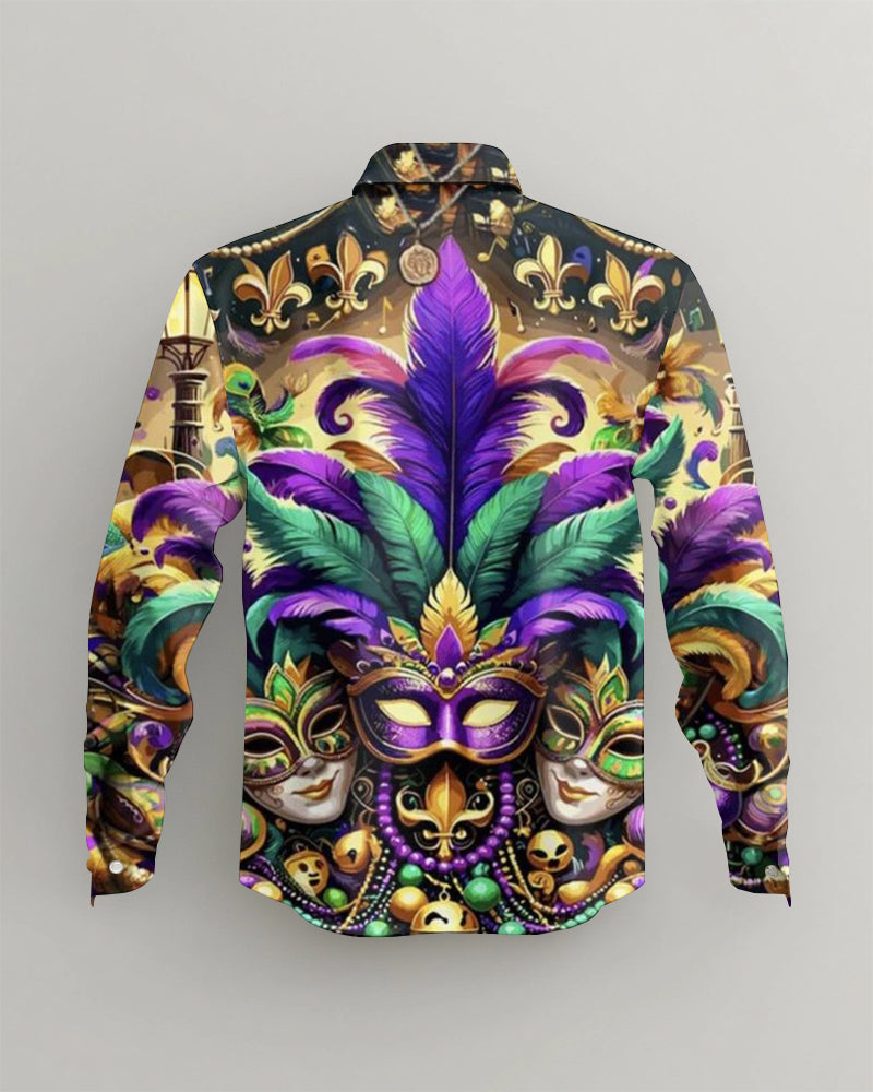 Men's Plus Size Carnival Color Belt Mask Print Long Sleeve Shirt