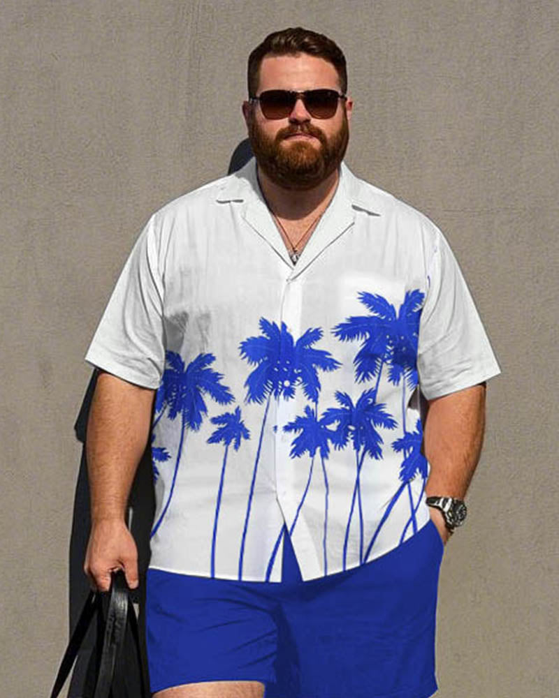 Men's Plus Size White & Blue Simple Brown Tree Print Short Sleeve Shirt Shorts Suit