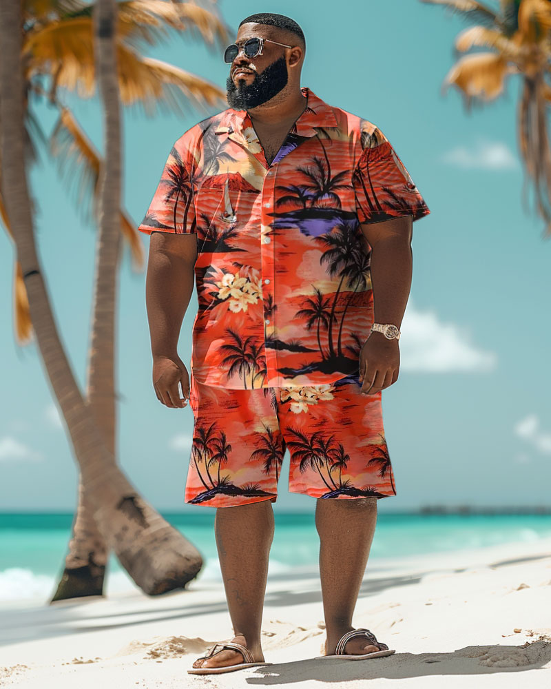 Men's Plus Size Hawaiian Sunset Coconut Tree Gradient Print Shirt Shorts Set