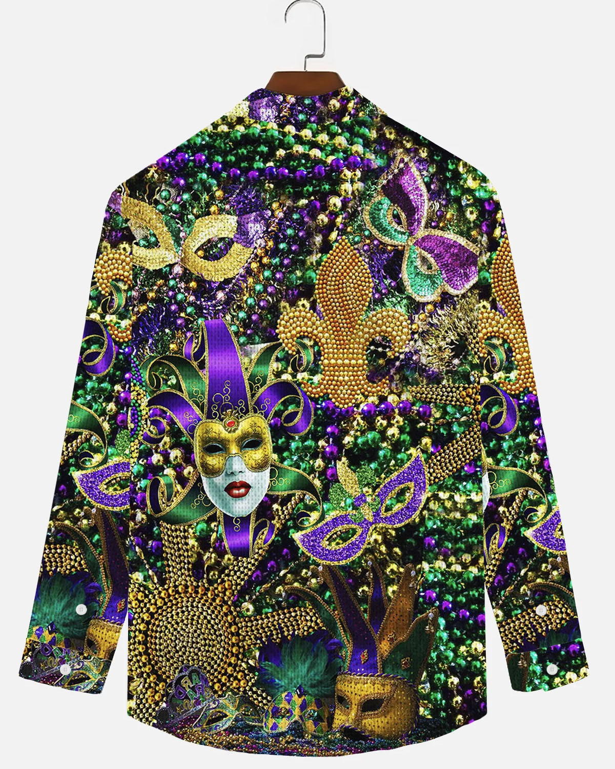 Men's Plus Size Mardi Gras Mask Pearl Print Long Sleeve Shirt