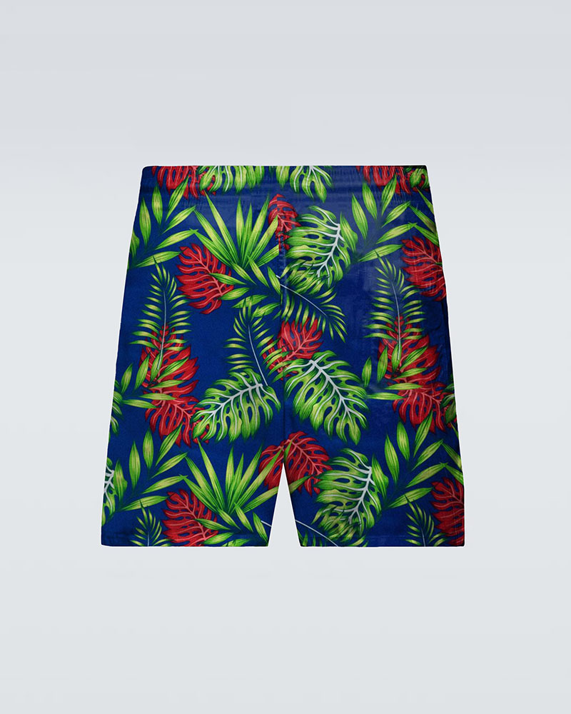 Hawaiian Royal Blue & Large Leaf Print Beach Quick-drying Trunks Swimming Trunks Plus Size Men