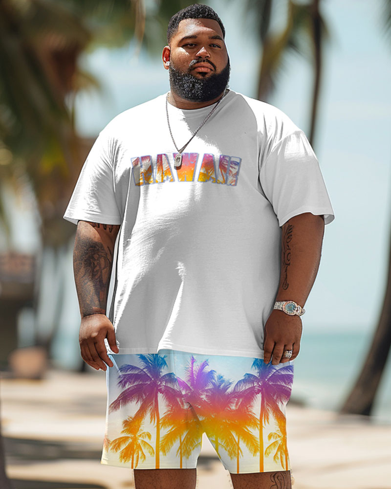 Men's Plus Size Hawaiian Gradient Coconut Tree Print T-Shirt Shorts Suit