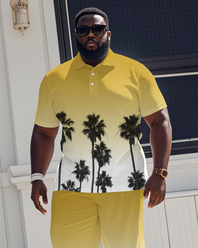 Yellow & White Gradient Brown Tree Silhouette Print Short Sleeve POLO Trousers Suit Men's Plus Size