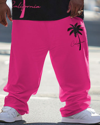 Men's Big and Tall Hawaiian Pink Coconut Tree Print T-Shirt Pants Set