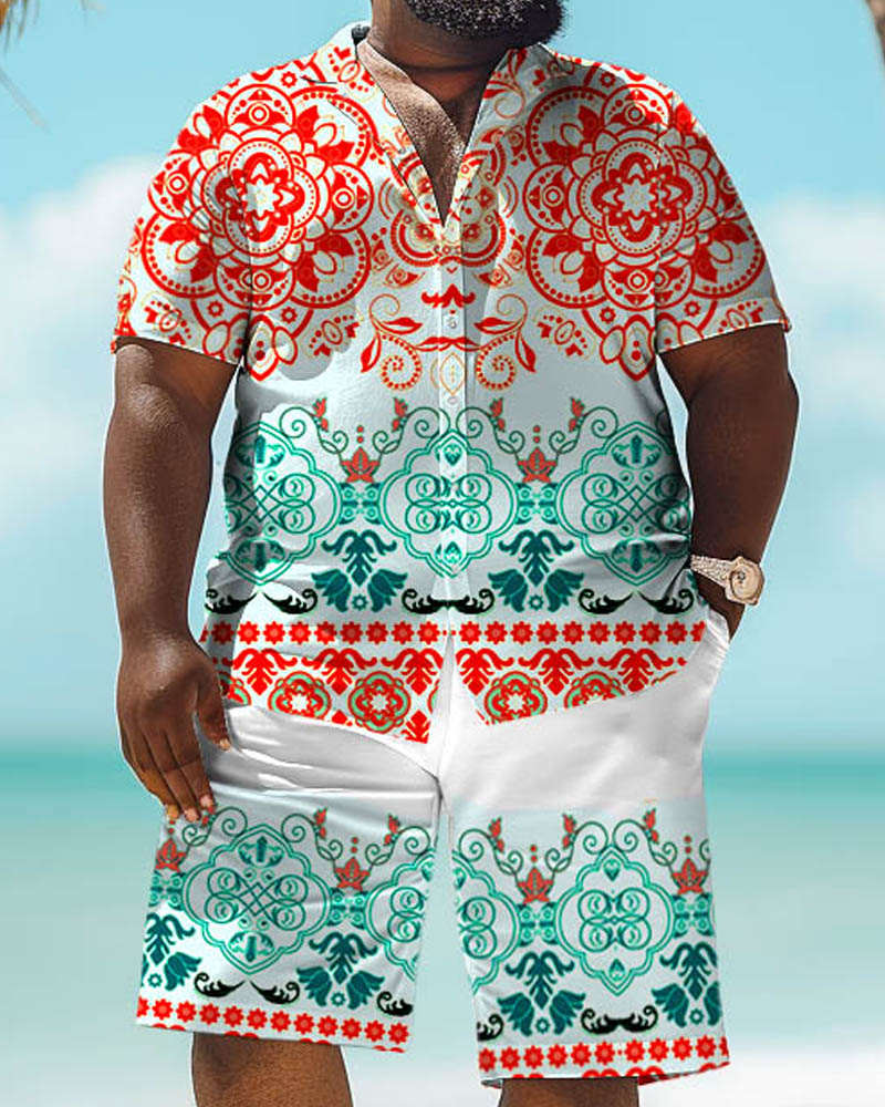 Men's Big Size Casual Floral Print Retro Short Sleeve Shirt Shorts Set