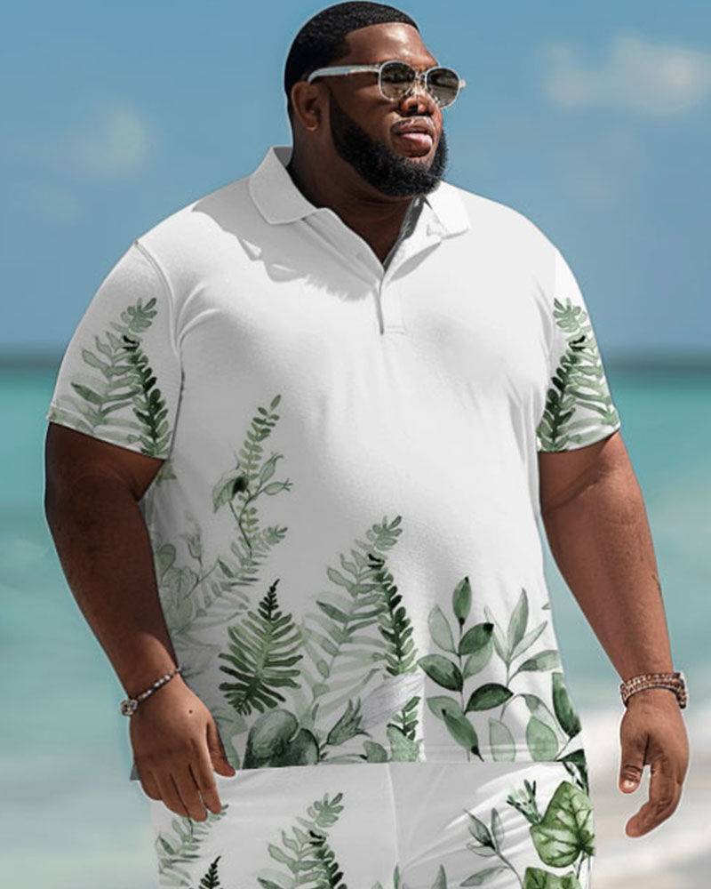 Men's Plus Size Hawaiian Tropical Leaf Print Polo Shorts Suit