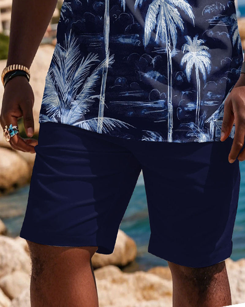 Plus Size Men's Royal Blue Full Print Coconut Tree Print T-Shirt Shorts Suit