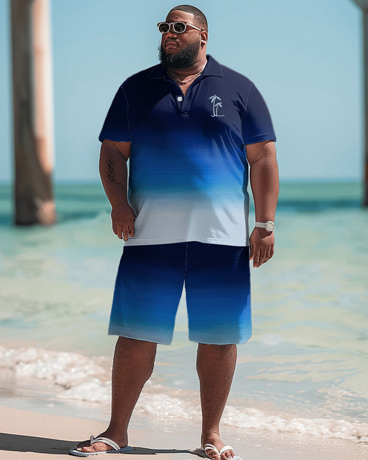 Men's Plus Size Hawaiian Blue Gradient Coconut Tree Print Polo Shorts Set